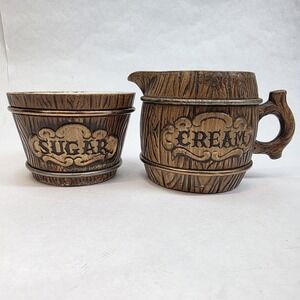 Vintage Treasure Craft Cream And Sugar Set Barrel 1957 MCM Rustic Ceramic